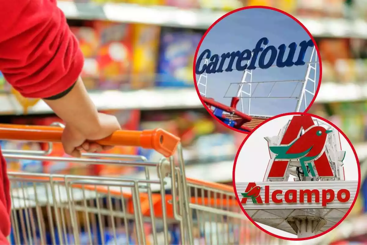 Fotomuntatge amb una imatge de fons d'una persona empenyent el carretó d'un supermercat i dues rodones vermelles amb els logos de Carrefour i d'Alcampo