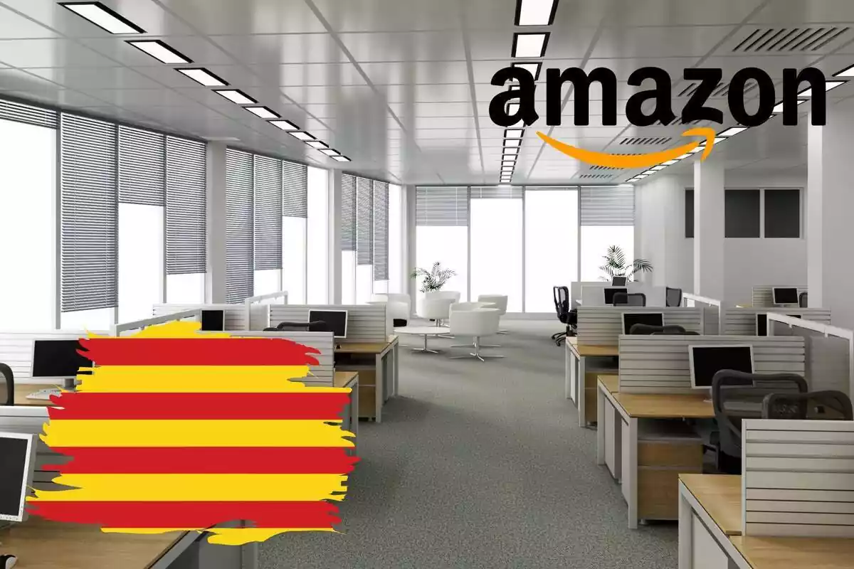 Fotomuntatge amb imatge de fons d'unes oficines d'una empresa i al capdavant la bandera catalana i el logotip d'Amazon