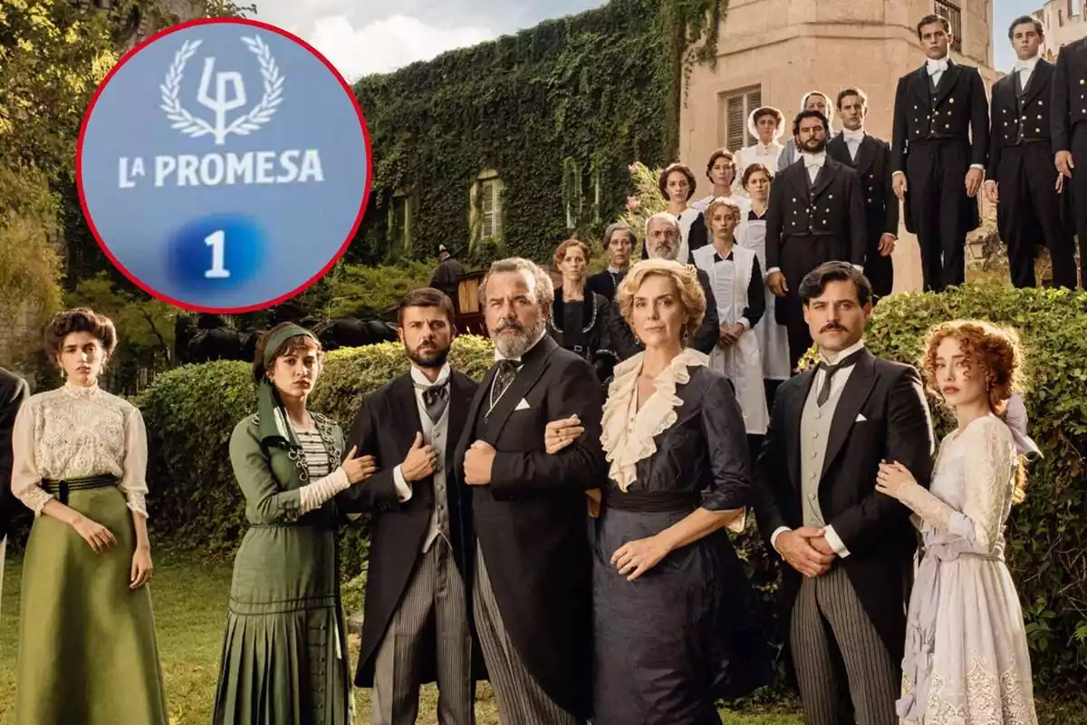 Fotomuntatge de l'elenc de 'La Promesa' de TVE i el logotip de la sèrie i de La 1 en una rodona
