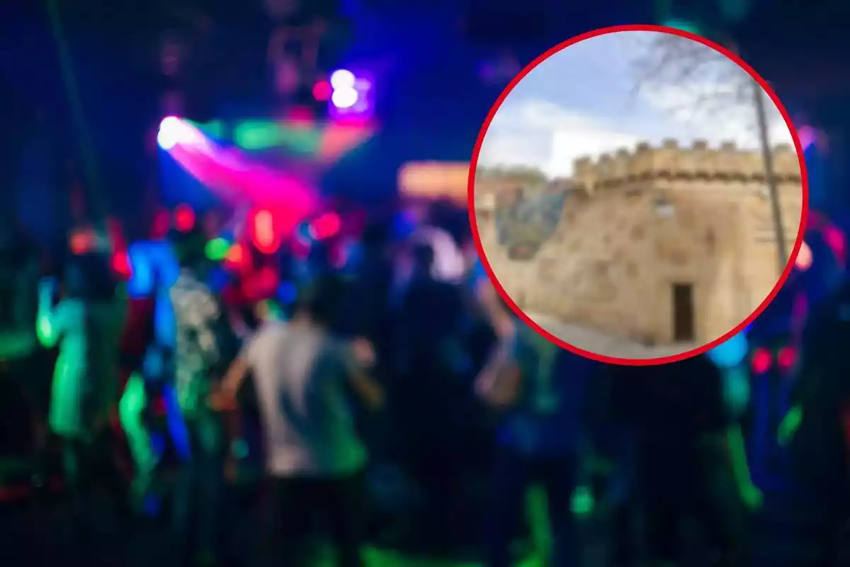Fotomuntatge amb una imatge de fons d´una discoteca amb gent ballant i una rodona vermella amb l´exterior de castell medieval de la discoteca Merlín de Barcelona