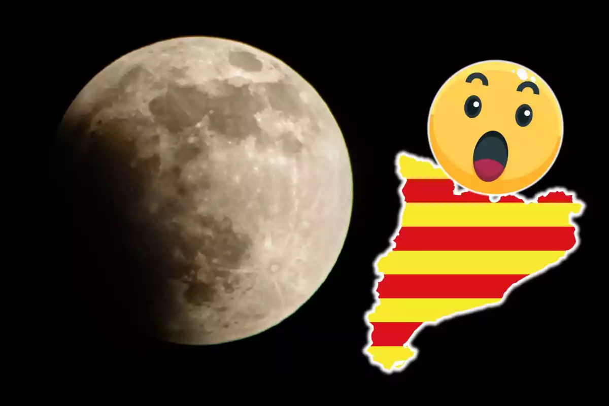 Imatge de la lluna parcialment enfosquida amb un emoji sorprès sobre un mapa amb la bandera de Catalunya.