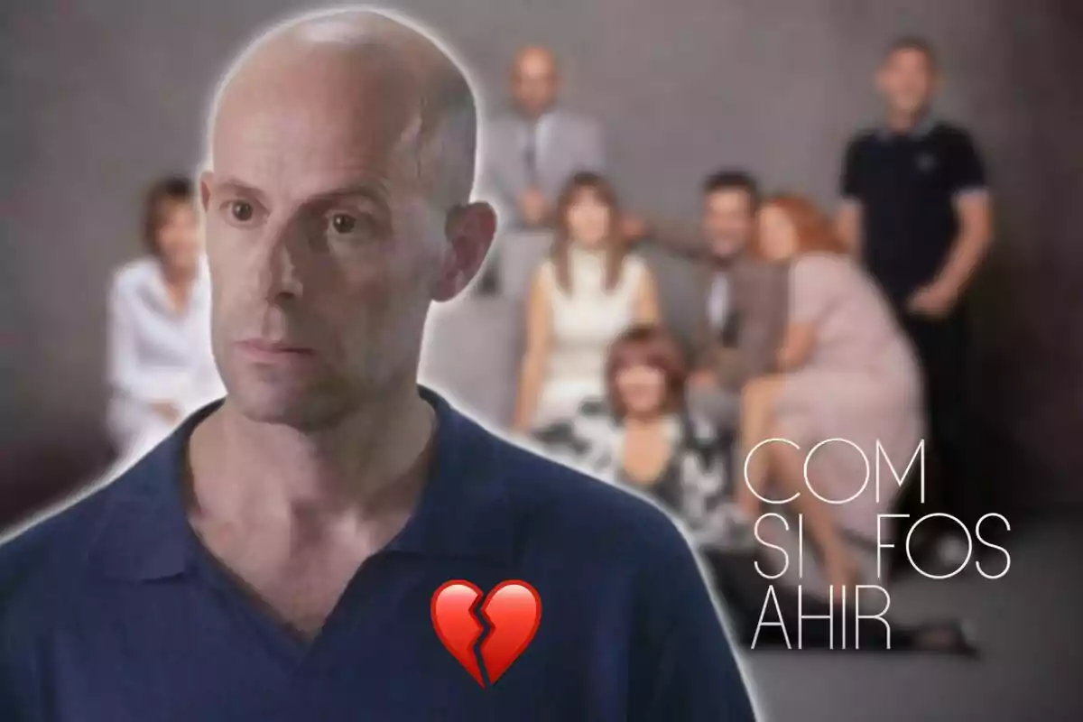 A bald man with a serious expression is in the foreground, with a group of blurred people in the background and a broken heart on his chest; the text "COM SI FOS AHIR" appears in the image.