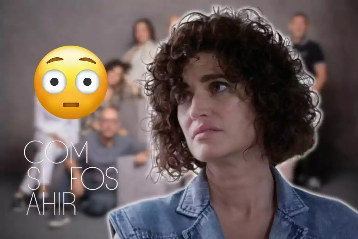 A woman with a serious expression and a surprised emoji in the background, next to a group of out-of-focus people and the text "Com si fos ahir".