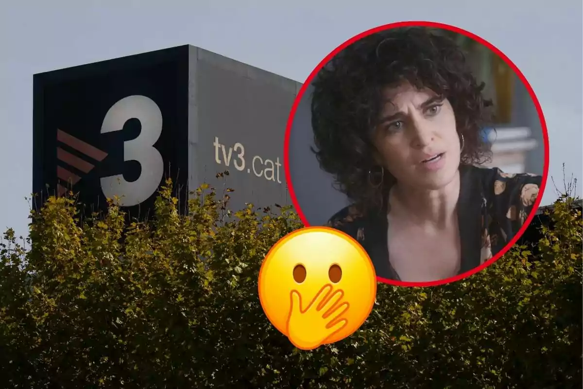 Edifici de TV3 amb una imatge d´una dona en un cercle vermell i un emoji de sorpresa.