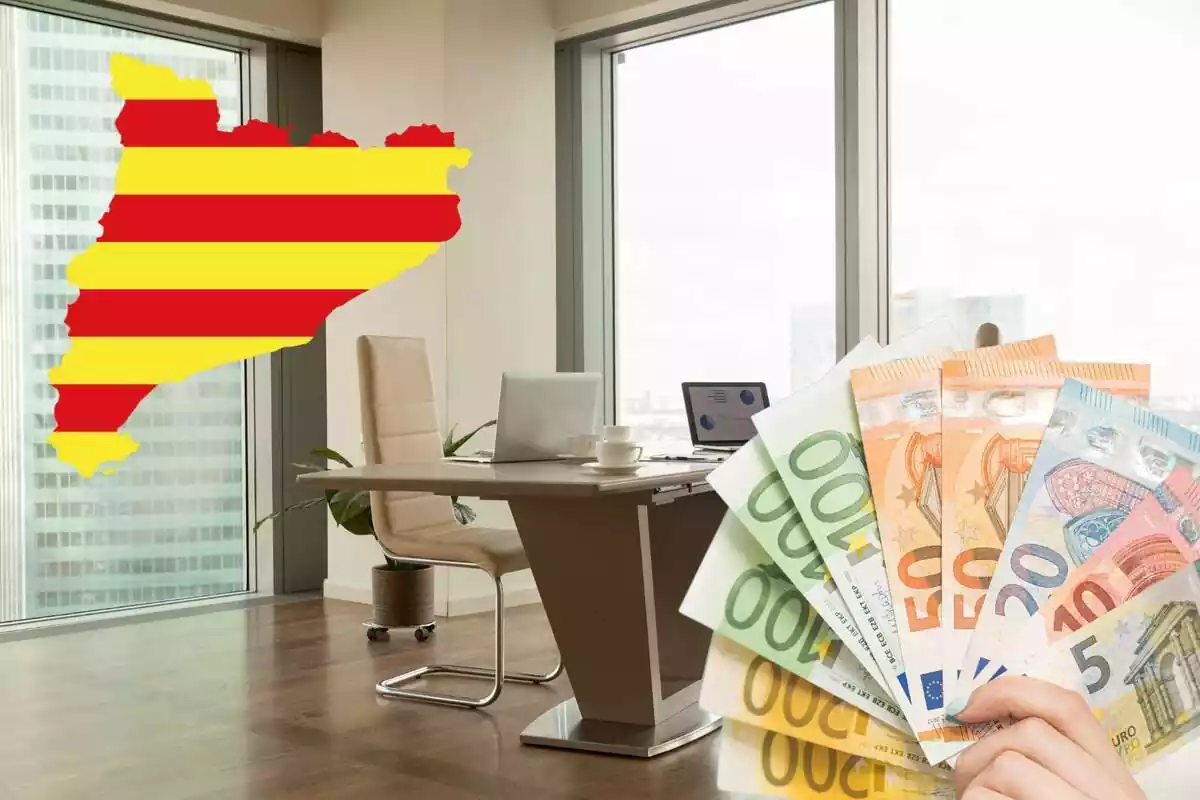 Fotomuntatge amb una imatge de fons d'una empresa i al capdavant una bandera catalana i un ventall de bitllets d'euro