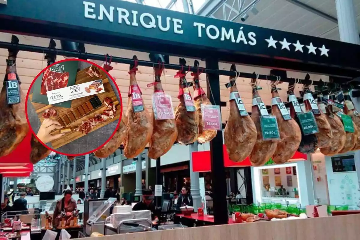 Muntatge fotogràfic entre una botiga d'Enrique Tomás i el torró de pernil