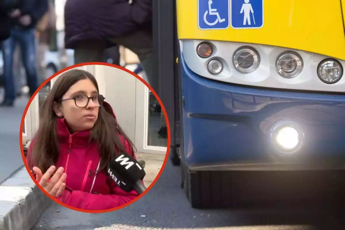 Fotomuntatge amb fons d'una estació d'autobusos amb una foto emmarcada de Clara Macaya de TV3