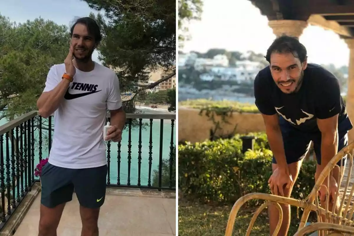 Dos imágenes de un hombre con barba, en la primera lleva una camiseta blanca y sostiene un objeto mientras sonríe en un balcón con vista al mar, en la segunda lleva una camiseta negra y se inclina hacia adelante en un jardín.