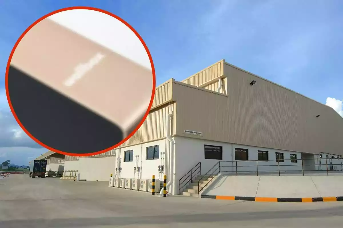 Fotomuntatge amb una imatge d'una fàbrica de fons i al capdavant una rodona vermella amb el logotip difuminat de Wallbox