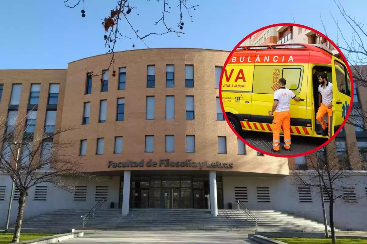 Fotomuntatge de la Facultat de Filosofia i Lletres de la Universitat de Valladolid amb una ambulància