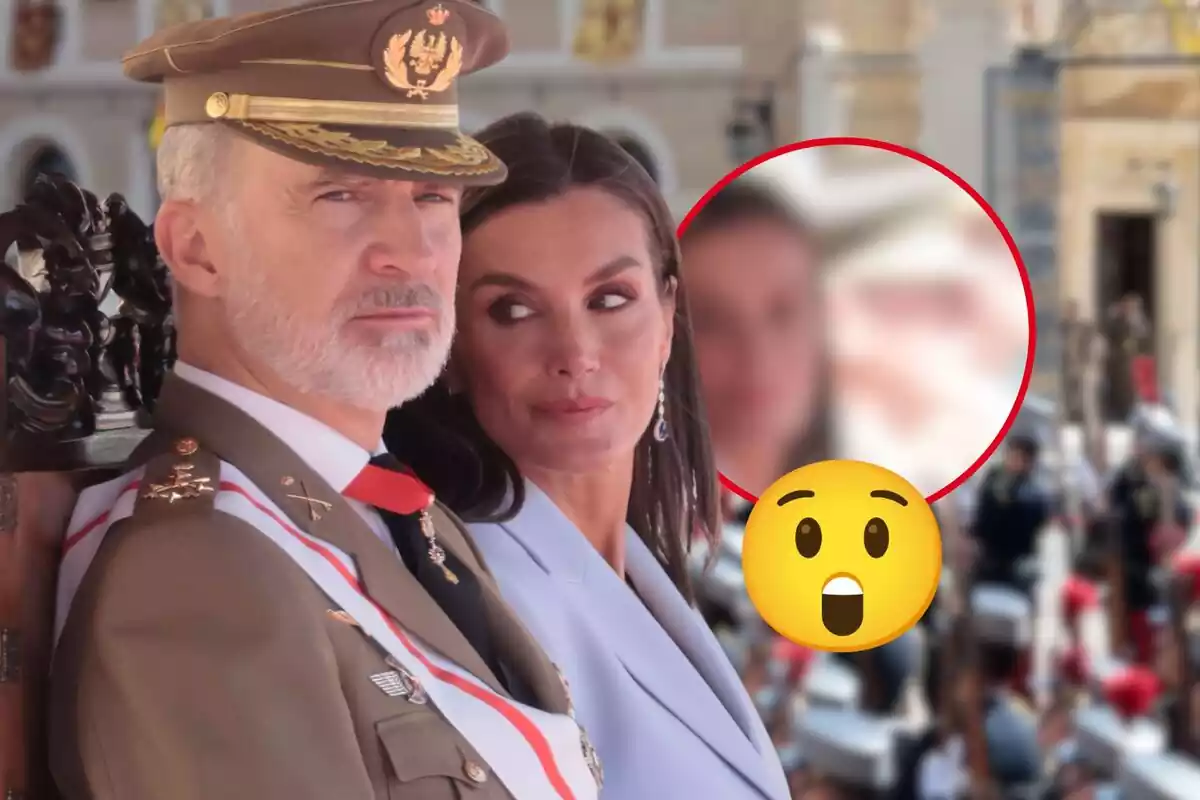 Fotomuntatge del rei Felip i la reina Letizia a la jura de bandera i una emoticona de sorpresa