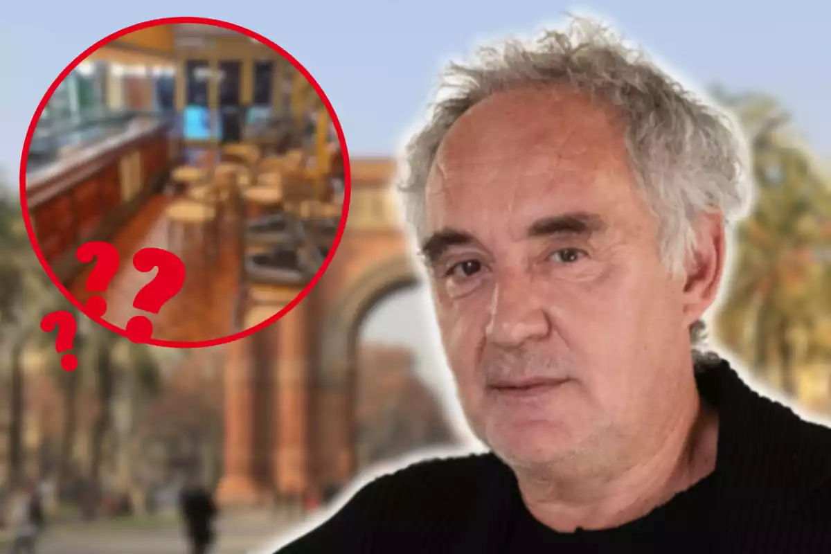 Fotomuntatge amb una imatge de fons de Barcelona, Ferran Adrià al capdavant amb rostre seriós i una rodona vermella amb interrogants del restaurant Ultramarinos Marín difuminat