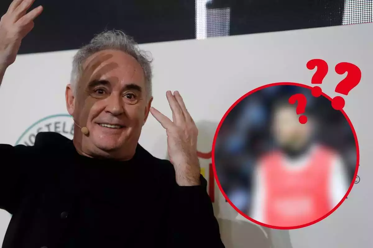 Fotomuntatge amb una foto de fons de Ferran Adrià i una foto difuminada de Leo Messi emmarcada i amb signes d'interrogació