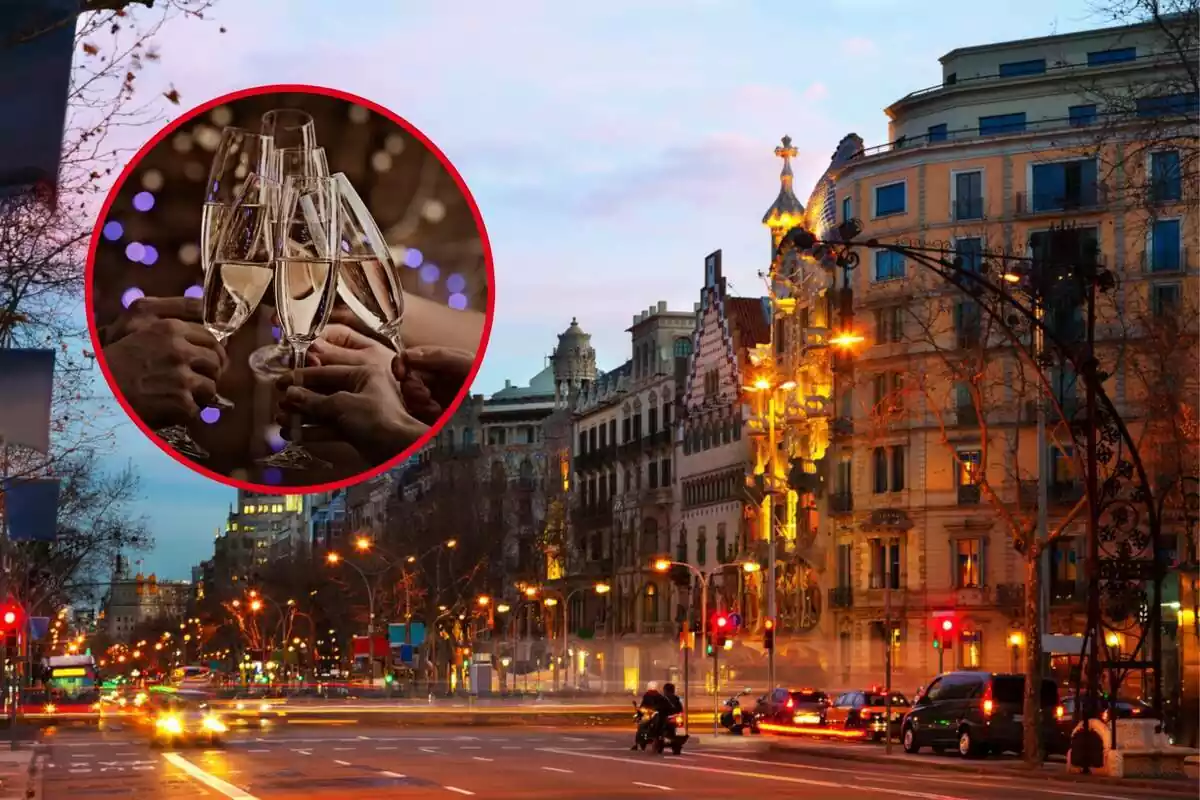 Muntatge fotogràfic entre una imatge de la ciutat de Barcelona i unes copes de cava brindant