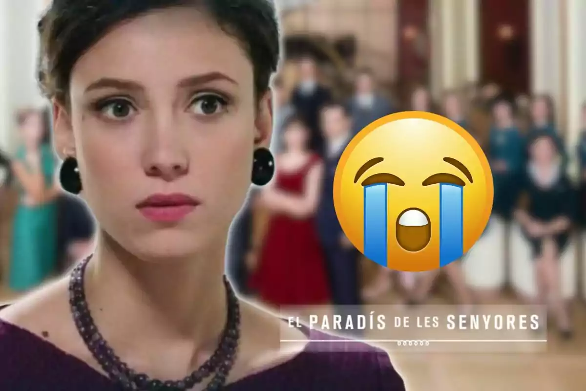 A woman with a serious expression is in the foreground, while a crying emoji is overlaid on the image; in the background, a blurred group of people can be seen and the text "El Paradís de les Senyores."