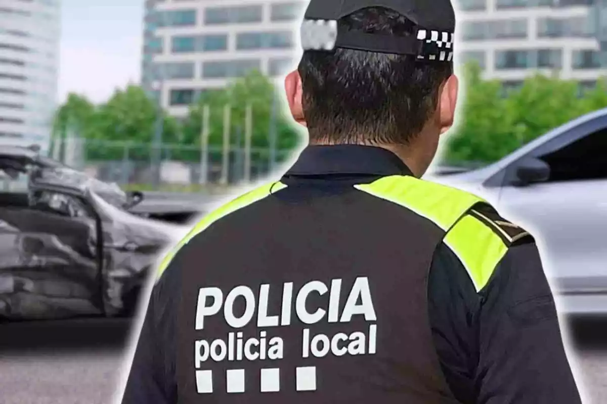 Fotomuntatge amb una imatge de fons d'un accident i al capdavant un agent de la Policia Local