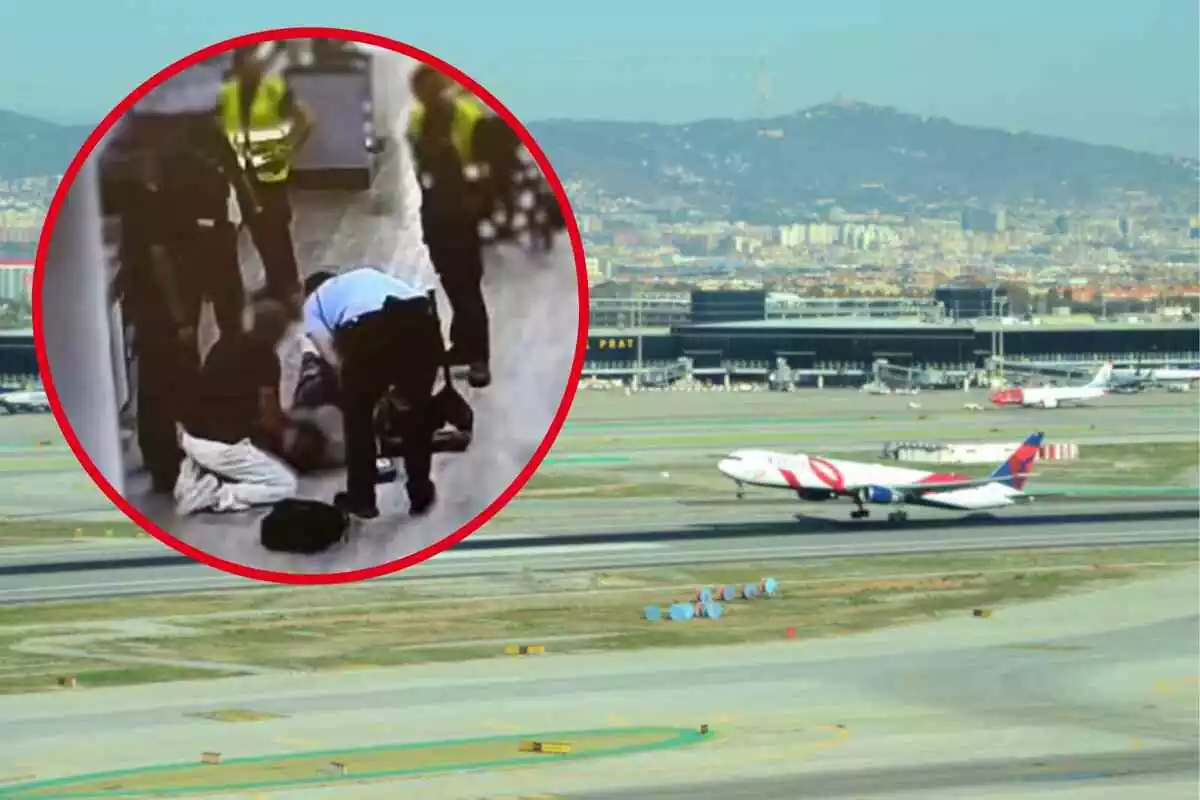 Fotomuntatge amb un fons de l'aeroport del Prat a Barcelona i una rodona vermella amb l'home a la parada