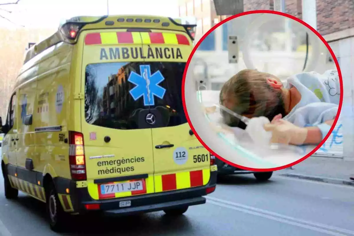 Fotomuntatge amb un fons d'una ambulància del SEM i al capdavant una rodona vermella amb un nadó a l'hospital