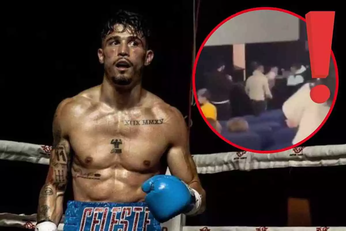 Fotomuntatge amb una imatge del boxejador Antonio Barrul al ring i al capdavant una rodona vermella amb l'agressió al cinema de Lleó i una exclamació