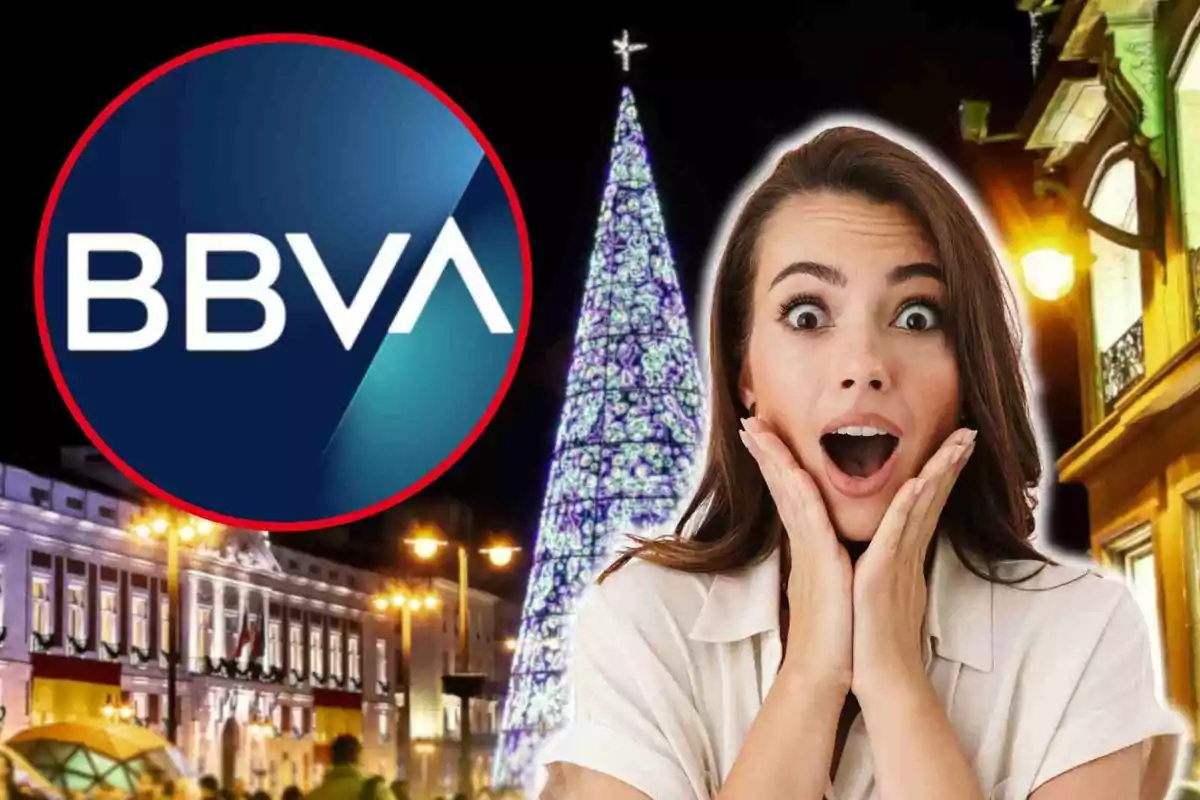 Una dona amb expressió de sorpresa davant d'un arbre de Nadal il·luminat i el logotip de BBVA en un entorn urbà nocturn.