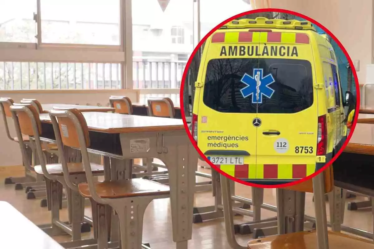 Fotomuntatge amb un fons d'una aula d'una escola i una rodona vermella al capdavant amb una ambulància del SEM