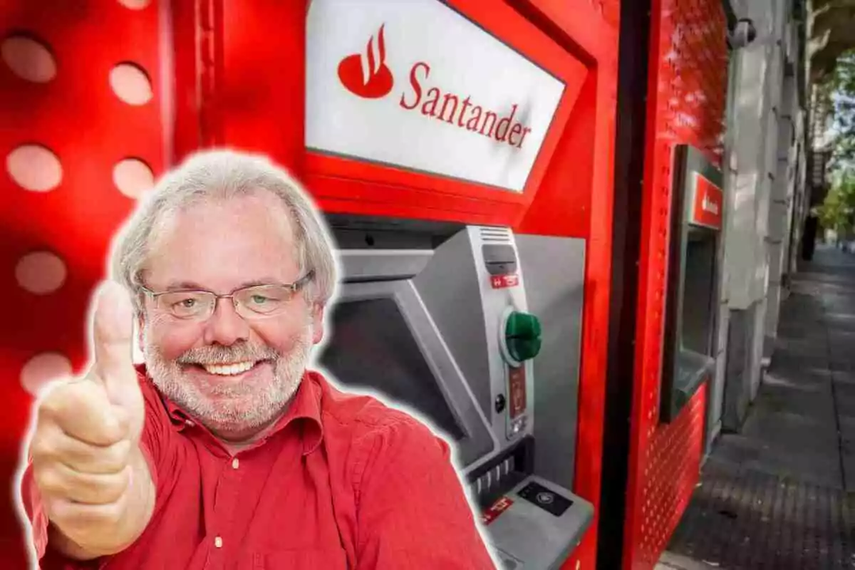 Fotomuntatge amb una imatge de fons d'un caixer del Banco Santander i al capdavant un jubilat fent el gest d'ok amb el polze