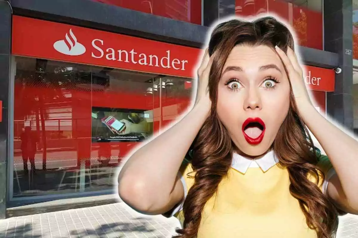 Una dona amb expressió de sorpresa davant d'una sucursal del banc Santander.