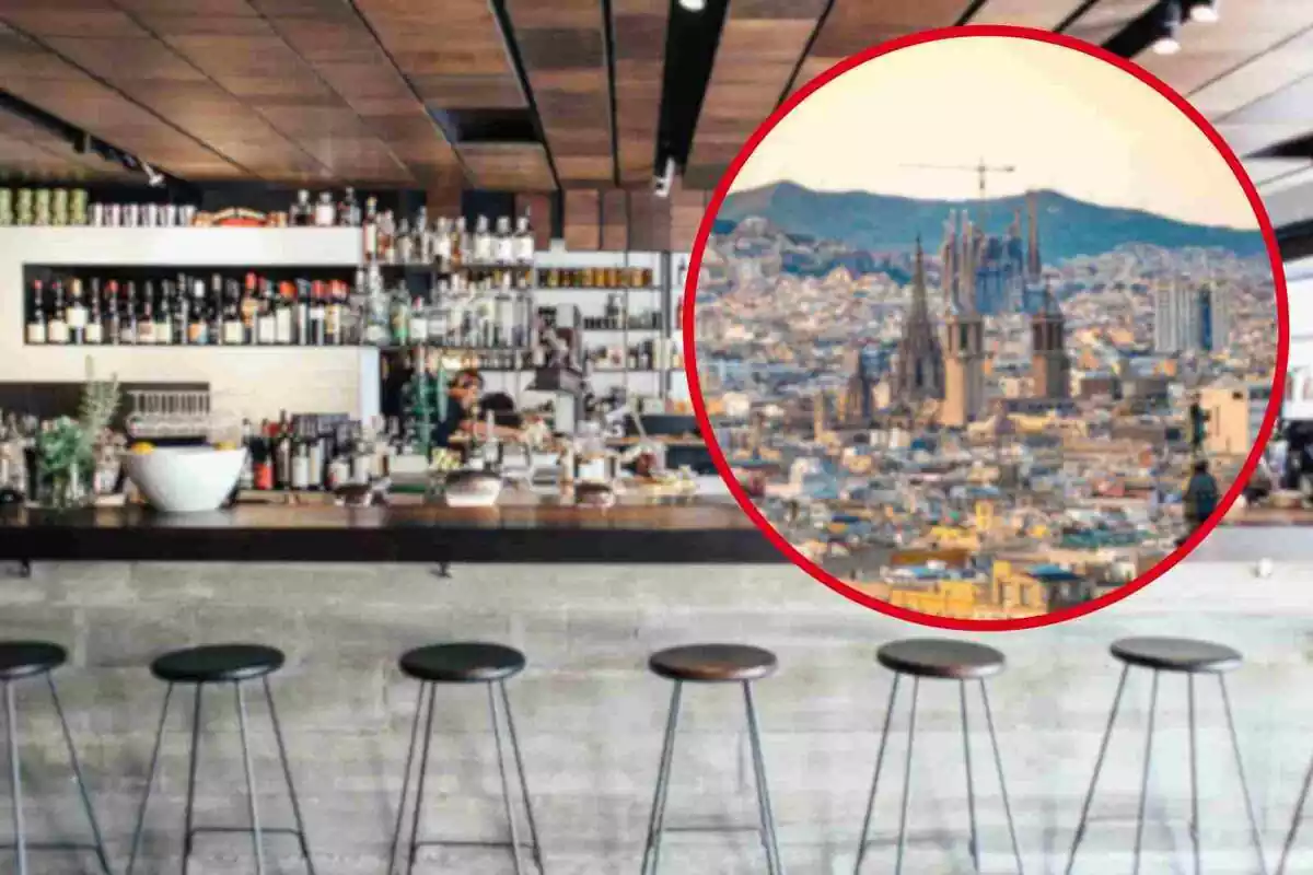 Fotomuntatge amb una imatge de fons d'un bar i al capdavant de la ciutat de Barcelona