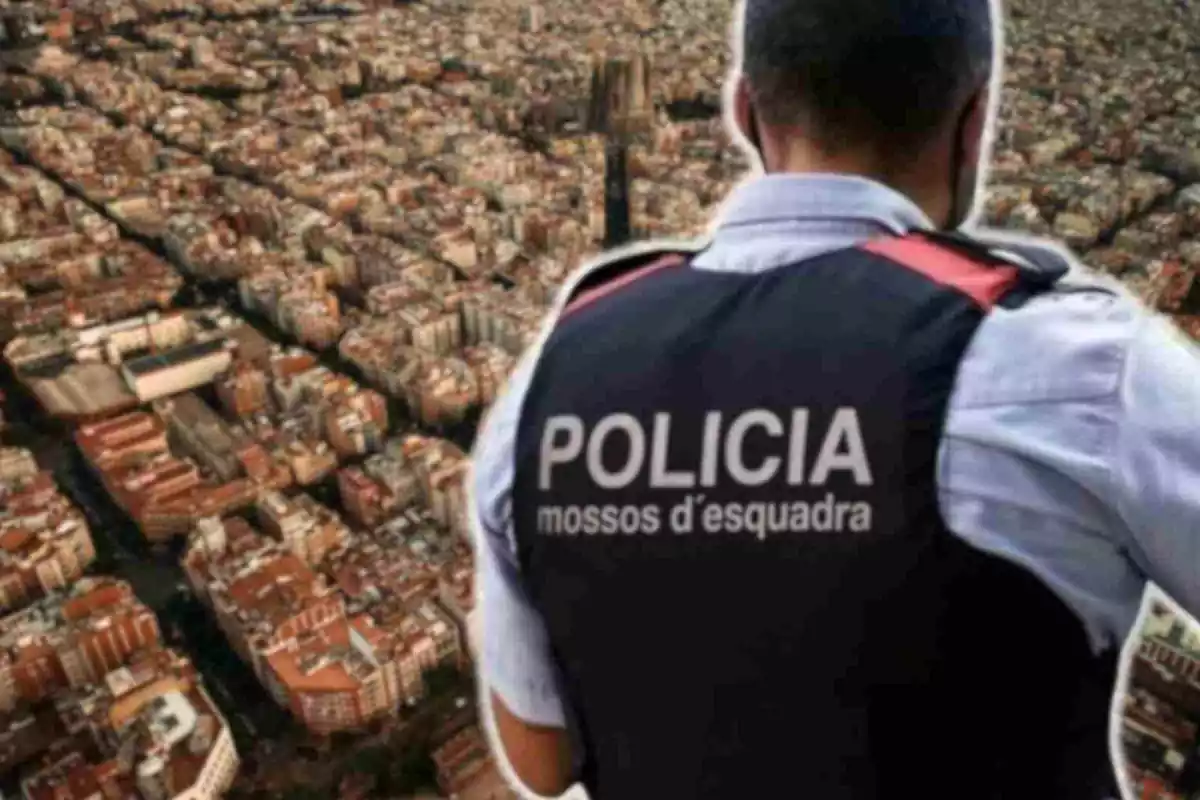Fotomuntatge amb una imatge de fons de Barcelona i al capdavant un agent de Mossos d'Esquadra