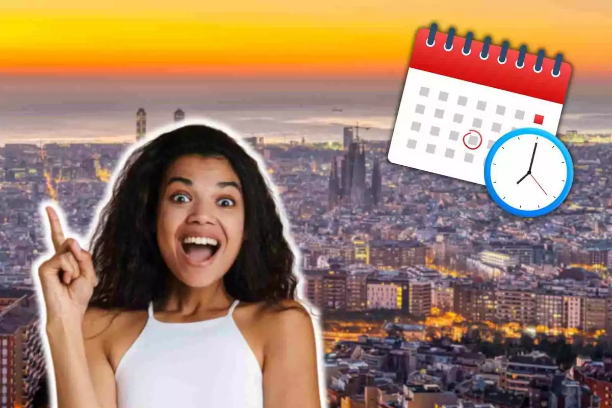 Fotomuntatge amb imatge de fons de Barcelona i al capdavant una dona emocionada i un emoji d'un calendari