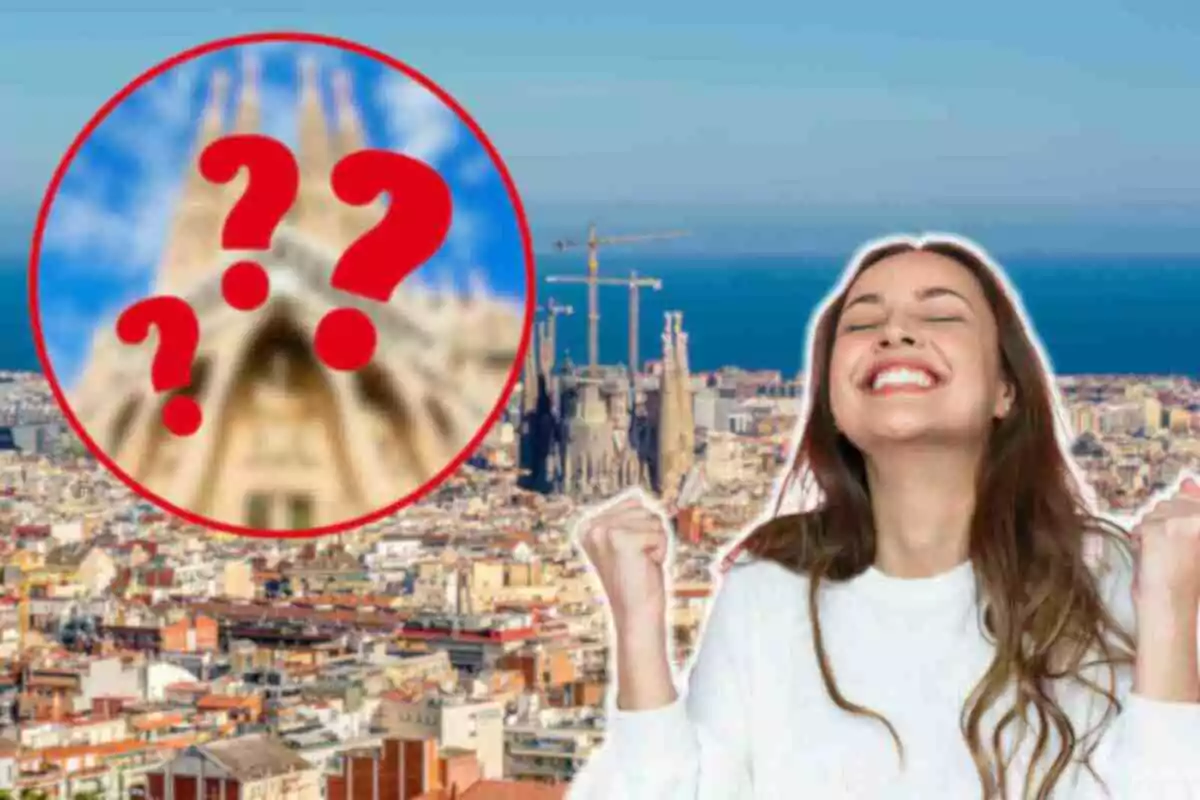 Fotomuntatge amb una imatge de fons de Barcelona i al capdavant una dona emocionada i una rodona vermella amb la catedral de Barcelona difuminada i interrogants