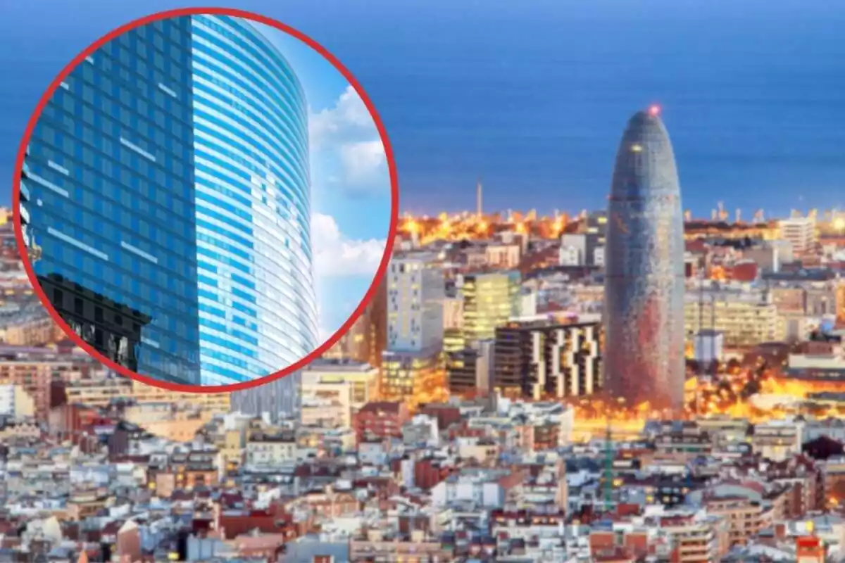 Fotomuntatge amb una imatge de fons de Barcelona i al capdavant una rodona vermella amb oficines d'un edifici