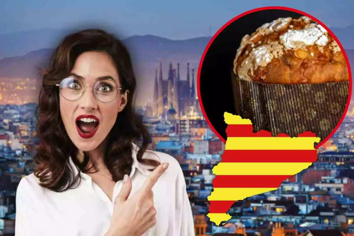 Dona sorpresa amb ulleres assenyalant un panettone en un cercle vermell sobre un fons de Barcelona amb una silueta de Catalunya amb la bandera catalana.