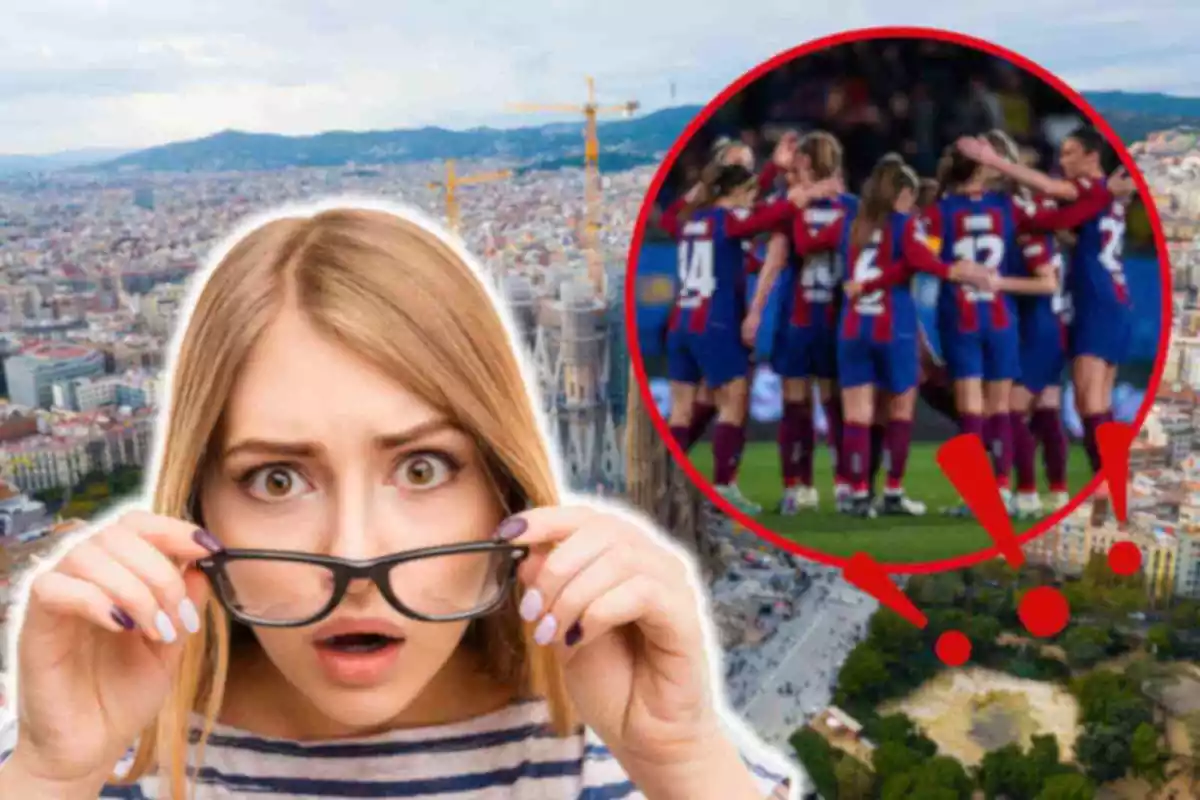 Fotomuntatge amb una imatge de fons de Barcelona, davant una rodona vermella amb l'equip femení del Barça i una dona sorpresa