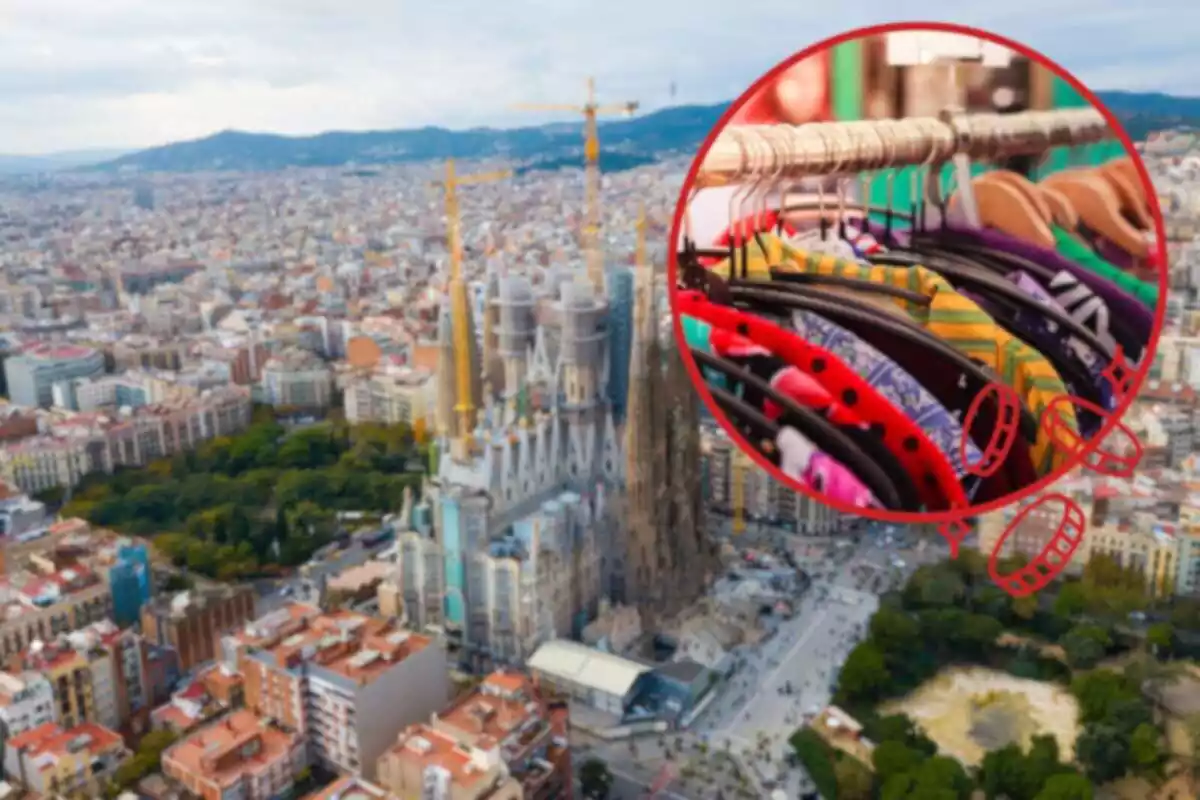 Fotomuntatge amb una imatge de fons de Barcelona i una rodona vermella amb roba de mercat