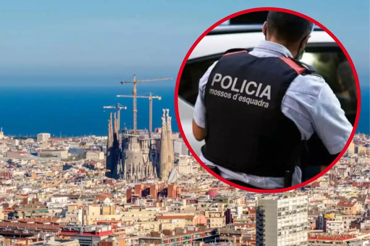 Fotomuntatge amb una imatge de fons de Barcelona i una rodona vermella amb un agent dels Mossos