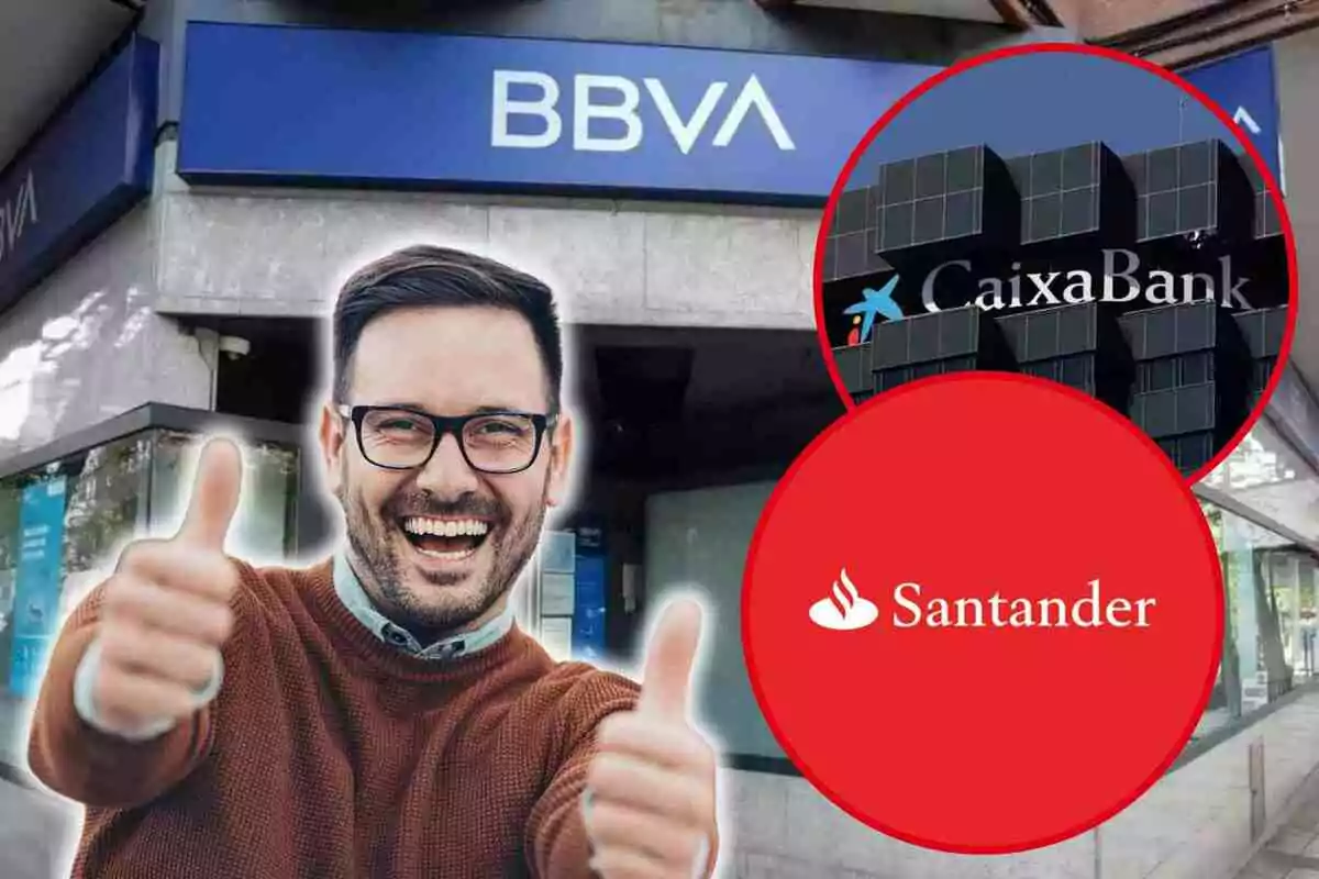 Fotomuntatge amb una imatge de fons del BBVA, al capdavant dues rodones vermelles amb CaixaBank i el Banco Santander i un home alegre