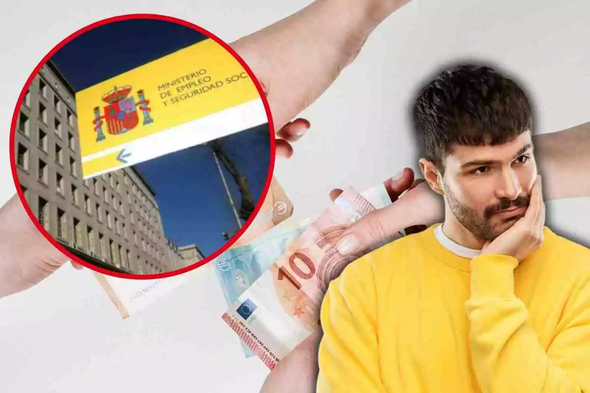 Fotomuntatge amb una imatge de fons de bitllets d'euro i al capdavant una rodona vermella amb la Seguretat Social i un home preocupat