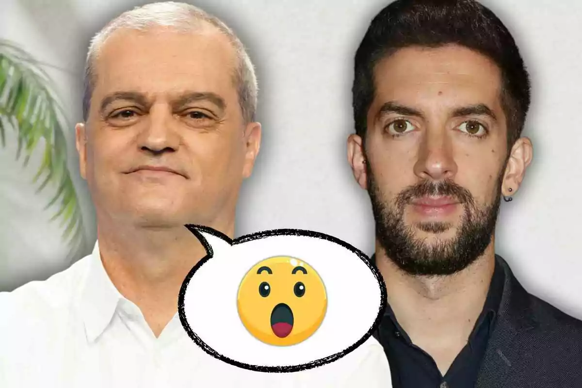 Ramón García amb cabell canós i David Broncano amb cabell fosc i barba, amb una bombolla de diàleg al centre que conté un emoji de cara sorpresa.