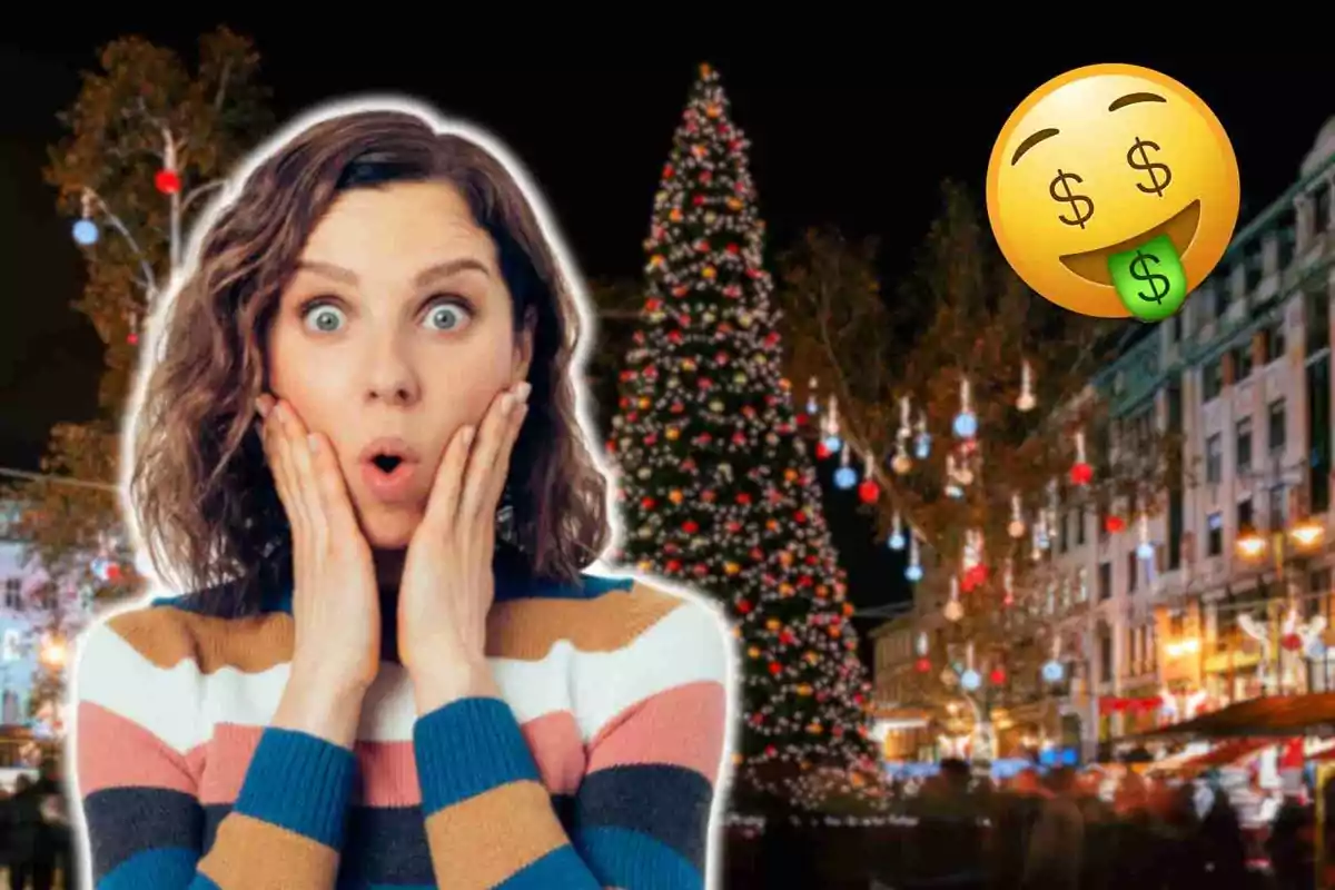 Una dona amb expressió de sorpresa davant d'un arbre de Nadal il·luminat en una ciutat a la nit amb un emoji de cara amb signes de dòlar a la llengua. Una dona amb expressió de sorpresa davant d'un arbre de Nadal il·luminat en una ciutat a la nit amb un emoji de cara amb signes de dòlar a la llengua.
