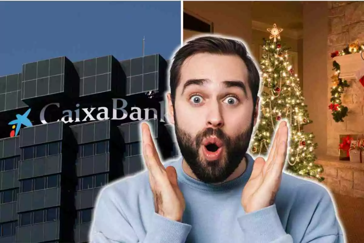 Un hombre sorprendido con un fondo dividido entre un edificio de CaixaBank y una sala decorada para Navidad.