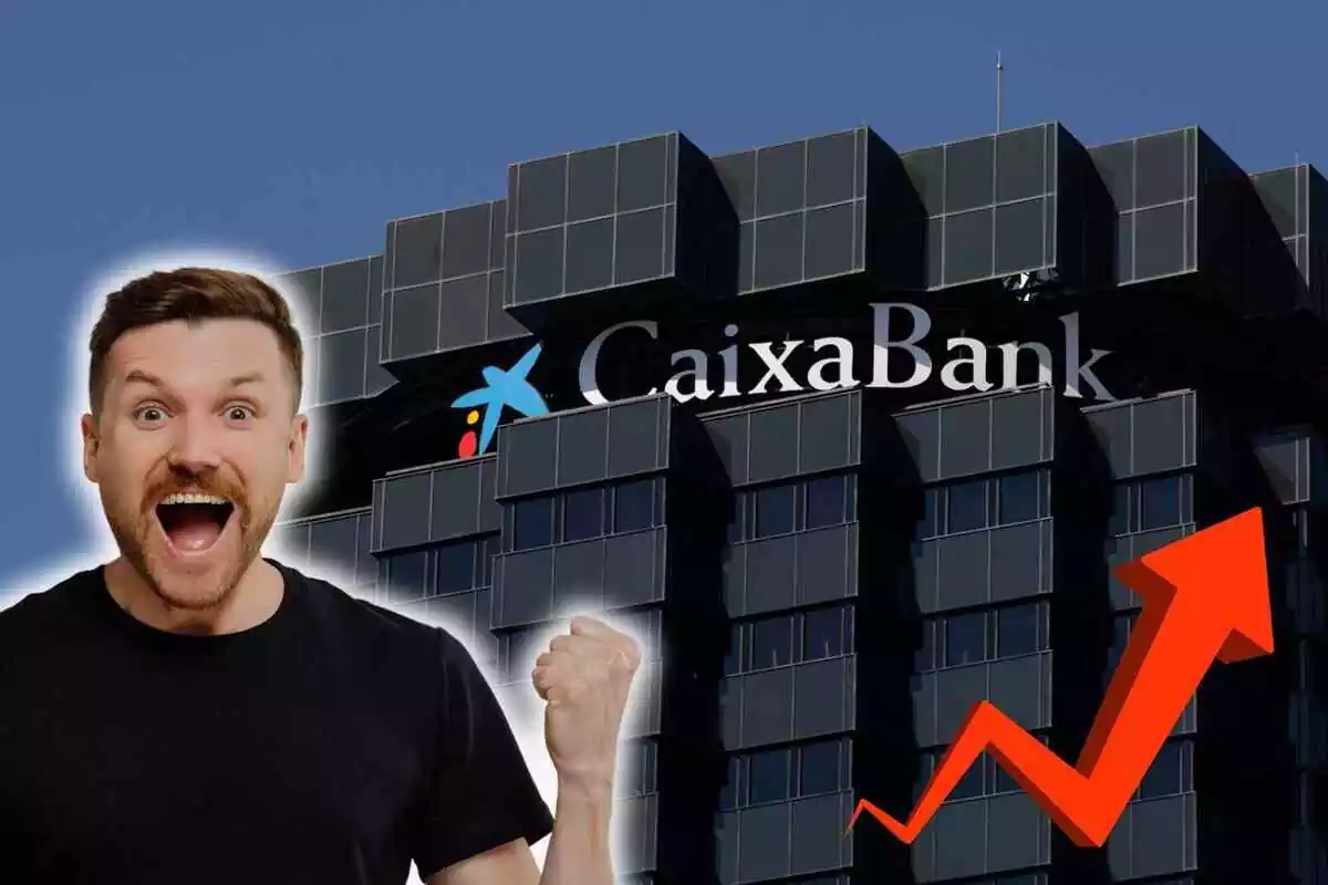 Fotomuntatge amb una imatge de fons de CaixaBank i al capdavant un home content i un gràfic amb fletxa vermella ascendent