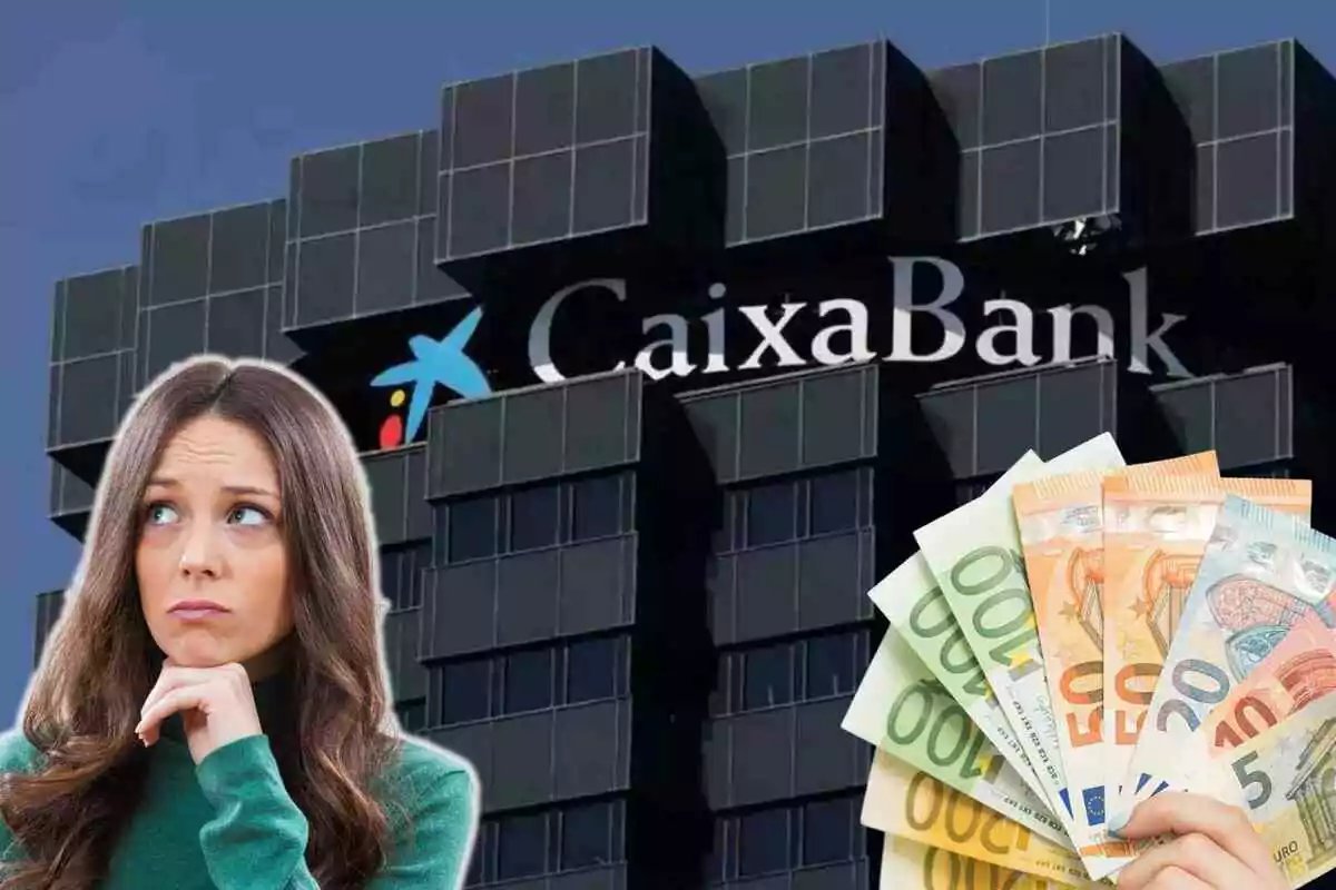 Fotomuntatge amb una imatge de fons de CaixaBank, al capdavant una dona preocupada i un ventall de bitllets d?euro