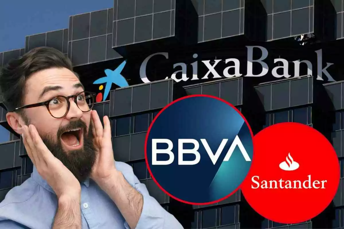 Home sorprès davant de logotips de bancs com CaixaBank, BBVA i Santander.