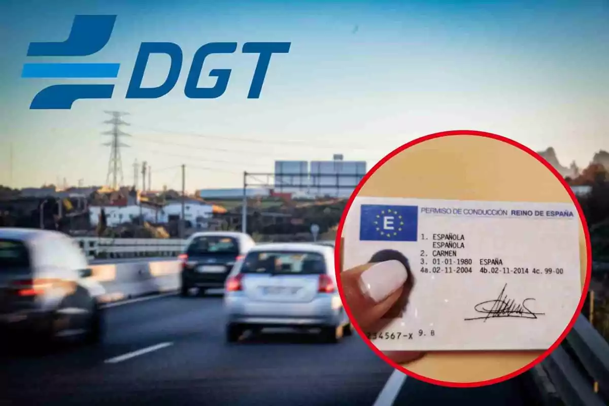 Fotomuntatge amb una imatge de fons d'una carretera amb cotxes, davant una rodona vermella amb un carnet de conduir i el logo de la DGT