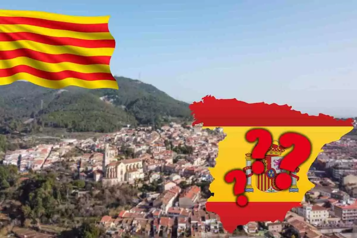 Fotomuntatge amb una imatge de fons de Castellar del Vallès, davant un mapa d'Espanya amb interrogants i una bandera catalana