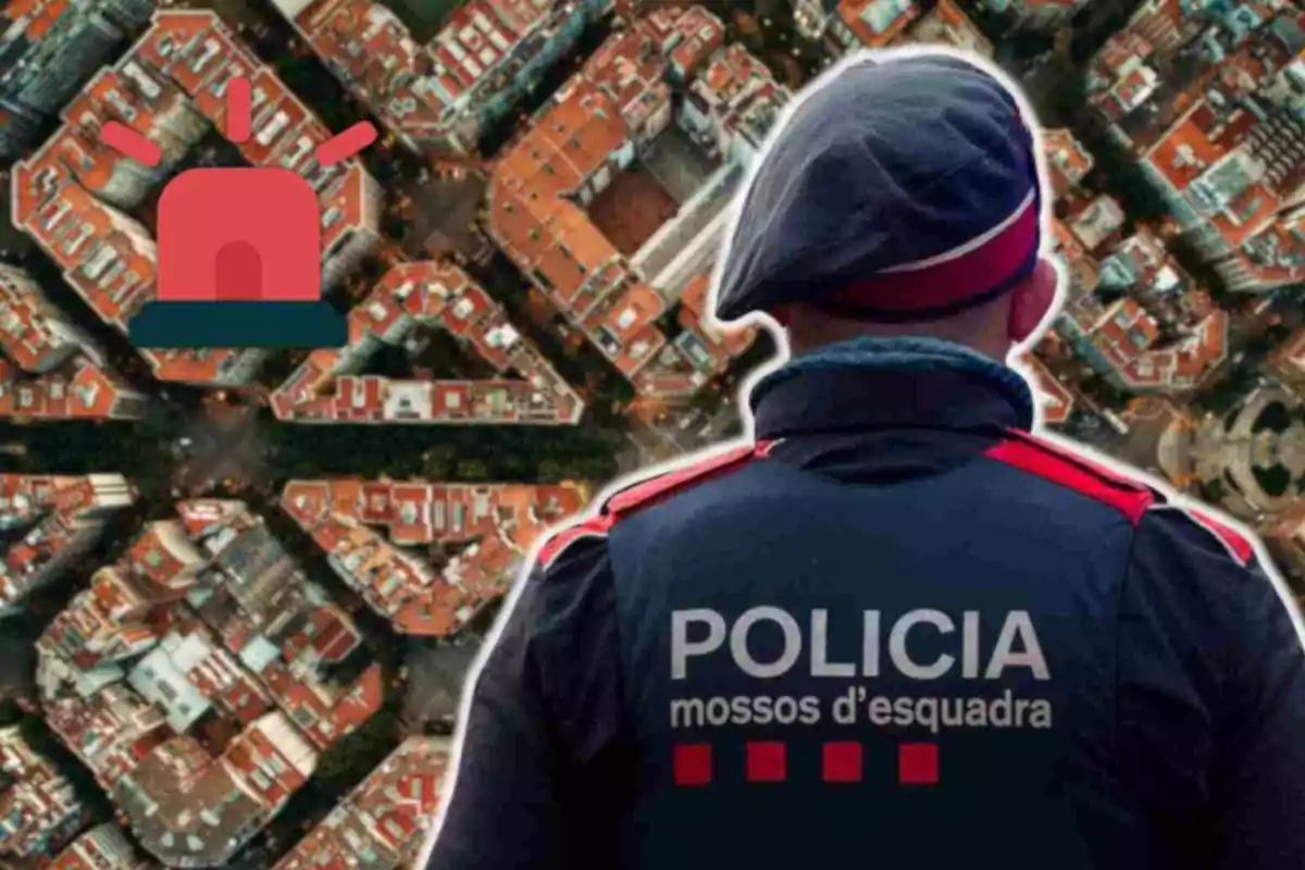 Un agent dels Mossos d'Esquadra d'esquena amb un fons de vista aèria de Barcelona i una icona de sirena vermella.