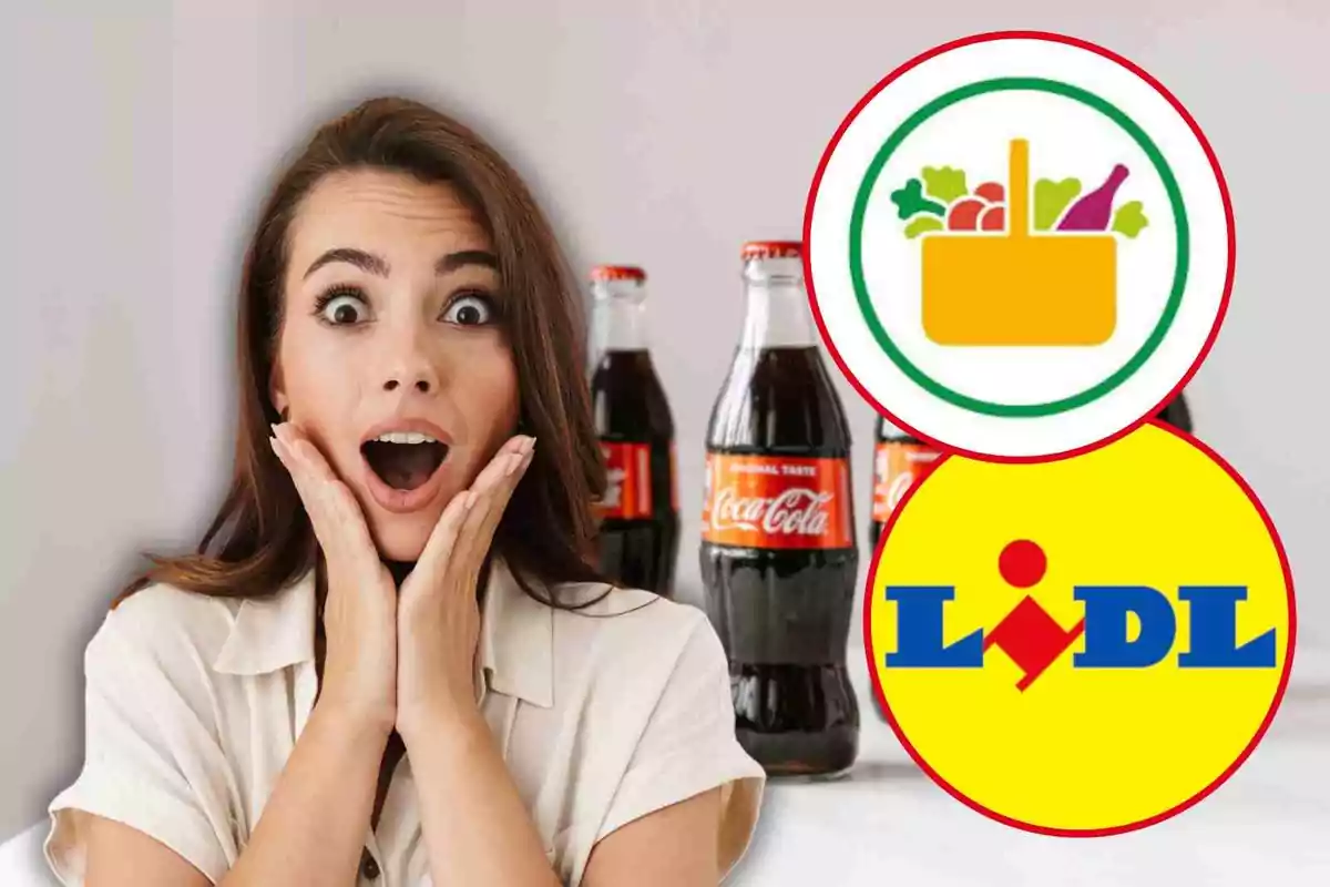 Dona sorpresa amb ampolles de Coca-Cola i logotips de supermercats de Mercadona i Lidl.