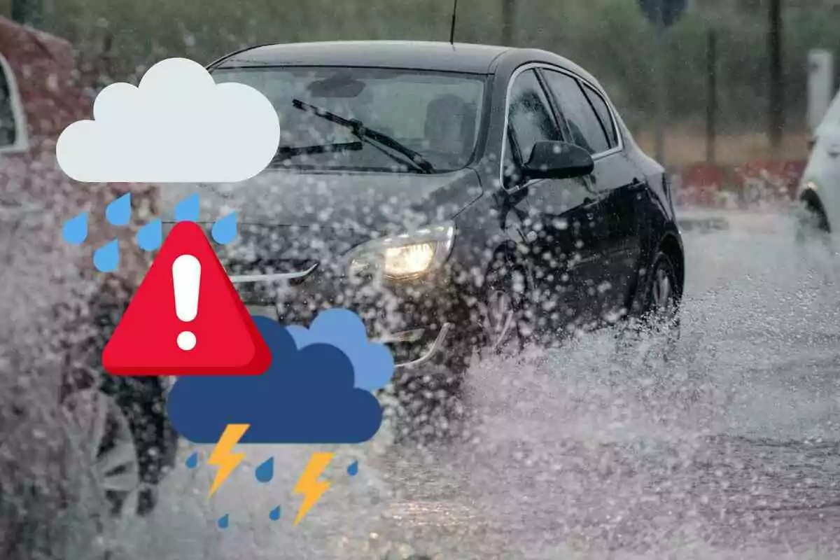 Fotomuntatge amb una imatge de fons d'un cotxe i al capdavant dos emojis de pluja i tempesta i un altre d'alerta