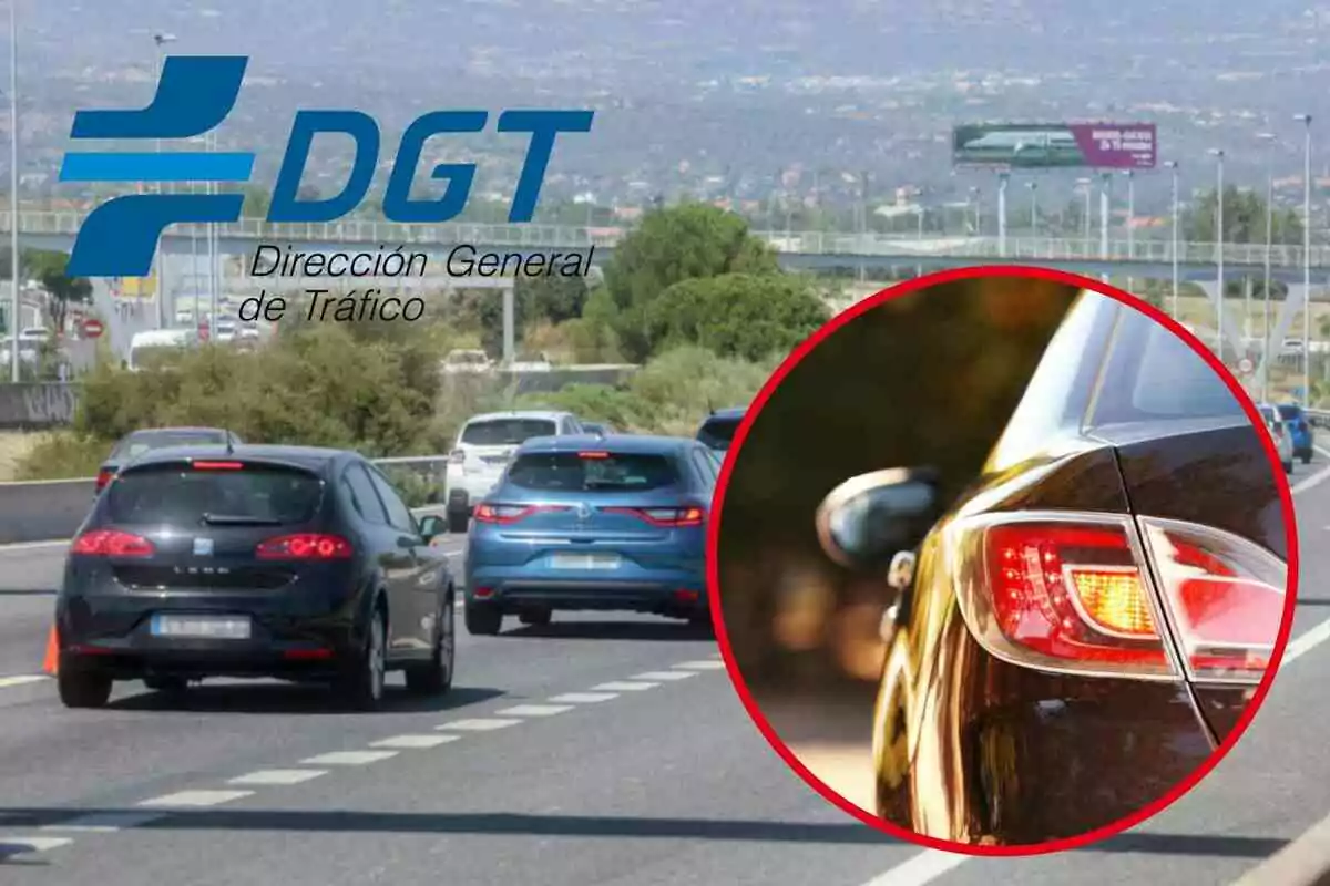 Fotomuntatge amb una imatge de fons de cotxes a la carretera i al capdavant una rodona vermella amb els intermitents i el logo de la DGT